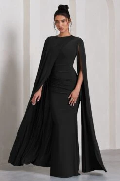 Magdelena | Black Asymmetric Cape Maxi Dress -ENY Clothing Shop WB CL129887002 MagdelenaBlackAsymmetricCapeMaxiDress2