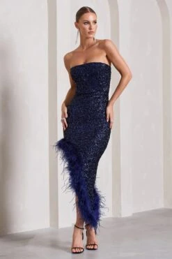Emulate | Navy Sequin Asymmetric Bandeau Maxi Dress With Feathers -ENY Clothing Shop WB CL129900015 EmulateNavySequinAsymmetricBandeauMaxiDressWithFeathers1
