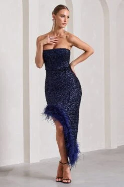 Emulate | Navy Sequin Asymmetric Bandeau Maxi Dress With Feathers -ENY Clothing Shop WB CL129900015 EmulateNavySequinAsymmetricBandeauMaxiDressWithFeathers3