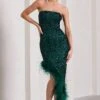 Emulate | Bottle Green Sequin Asymmetric Bandeau Maxi Dress With Feathers -ENY Clothing Shop WB CL129900047 EmulateBottleGreenSequinAsymmetricBandeauMaxiDressWithFeathers0