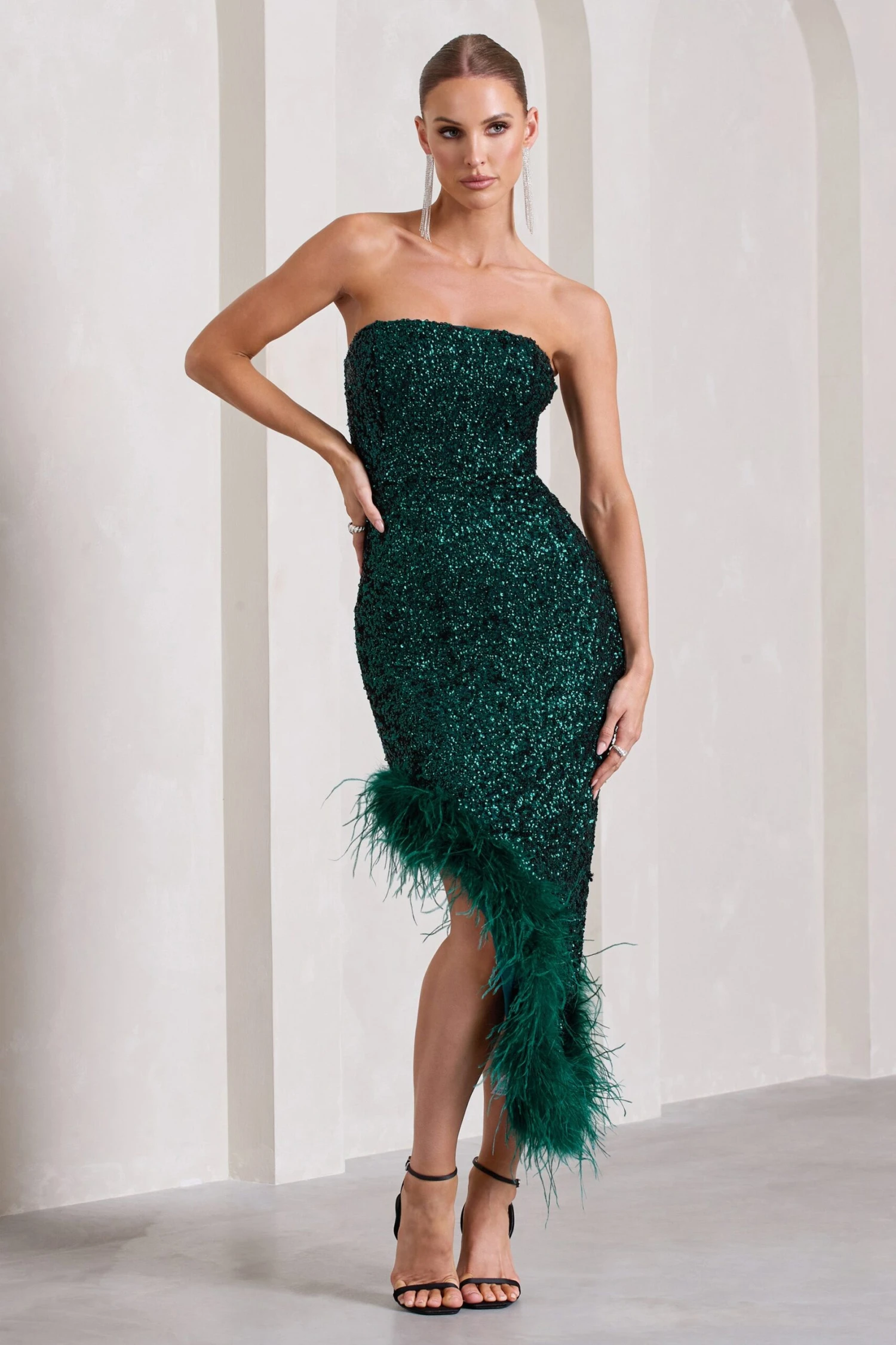 Emulate | Bottle Green Sequin Asymmetric Bandeau Maxi Dress With Feathers 3 Emulate | Bottle Green Sequin Asymmetric Bandeau Maxi Dress With Feathers