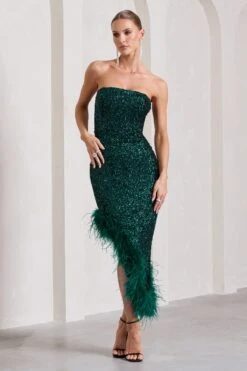 Emulate | Bottle Green Sequin Asymmetric Bandeau Maxi Dress With Feathers 10 Emulate | Bottle Green Sequin Asymmetric Bandeau Maxi Dress With Feathers -ENY Clothing Shop WB CL129900047 EmulateBottleGreenSequinAsymmetricBandeauMaxiDressWithFeathers3
