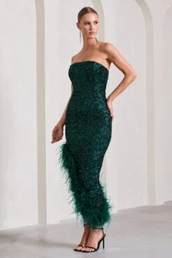 Emulate | Bottle Green Sequin Asymmetric Bandeau Maxi Dress With Feathers 11 Emulate | Bottle Green Sequin Asymmetric Bandeau Maxi Dress With Feathers -ENY Clothing Shop WB CL129900047 EmulateBottleGreenSequinAsymmetricBandeauMaxiDressWithFeathers8