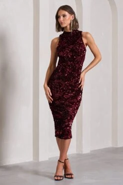 Hypnosis | Berry Sequin Sleeveless High-Neck Midi Dress -ENY Clothing Shop WB CL129903037 HypnosisBerrySequinSleevelessHigh NeckMidiDress1