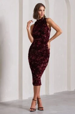 Hypnosis | Berry Sequin Sleeveless High-Neck Midi Dress -ENY Clothing Shop WB CL129903037 HypnosisBerrySequinSleevelessHigh NeckMidiDress3