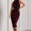 Hypnosis | Berry Sequin Sleeveless High-Neck Midi Dress