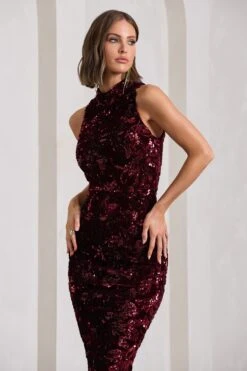 Hypnosis | Berry Sequin Sleeveless High-Neck Midi Dress -ENY Clothing Shop WB CL129903037 HypnosisBerrySequinSleevelessHigh NeckMidiDress7