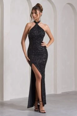 On The Rise | Black Sequin High-Neck Strappy-Back Split Maxi Dress -ENY Clothing Shop WB CL129905002 OnTheRiseBlackSequinHigh NeckStrappy BackSplitMaxiDress9