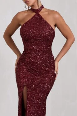 On The Rise | Berry Sequin High-Neck Strappy-Back Split Maxi Dress -ENY Clothing Shop WB CL129905037 OnTheRiseBerrySequinHigh NeckStrappy BackSplitMaxiDress4