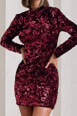 My Light | Berry Sequin High-Neck Long-Sleeve Bodycon Mini Dress -ENY Clothing Shop WB CL129910037 MyLightBerrySequinHigh NeckLong SleeveBodyconMiniDress1copy