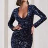Tantalise | Navy Sequin Plunge-Neck Long-Sleeve Mini Dress