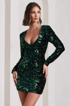 Tantalise | Bottle Green Sequin Plunge-Neck Long-Sleeve Mini Dress -ENY Clothing Shop WB CL129923047 TantaliseBottleGreenSequinPlunge NeckLong SleeveMiniDress1