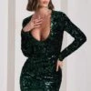 Tantalise | Bottle Green Sequin Plunge-Neck Long-Sleeve Mini Dress