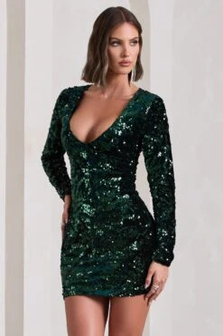 Tantalise | Bottle Green Sequin Plunge-Neck Long-Sleeve Mini Dress -ENY Clothing Shop WB CL129923047 TantaliseBottleGreenSequinPlunge NeckLong SleeveMiniDress7