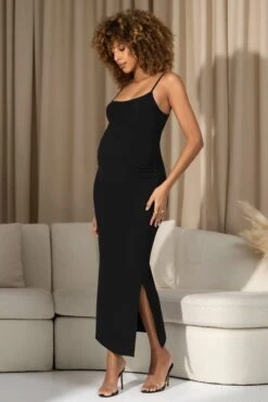 Oakley | Black Strappy Square-Neck Split Maternity Maxi Dress -ENY Clothing Shop WB CL129948002 Oakley BlackStrappySquare NeckSplitMaternityMaxiDress1