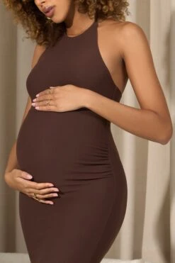 Perrie | Chocolate Brown Halter-Neck Maternity Maxi Dress -ENY Clothing Shop WB CL129949067 PerrieChocolateBrownHalter NeckMaternityMaxiDress2