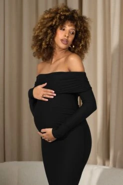 Aster | Black Bardot Long-Sleeve Maternity Maxi Dress -ENY Clothing Shop WB CL129950002 AsterBlackBardotLong SleeveMaternityMaxiDress01