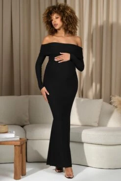 Aster | Black Bardot Long-Sleeve Maternity Maxi Dress -ENY Clothing Shop WB CL129950002 AsterBlackBardotLong SleeveMaternityMaxiDress02