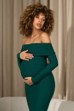 Aster | Bottle Green Bardot Long-Sleeve Maternity Maxi Dress -ENY Clothing Shop WB CL129950047 AsterBottleGreenBardotLong SleeveMaternityMaxiDress1