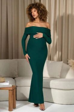 Aster | Bottle Green Bardot Long-Sleeve Maternity Maxi Dress -ENY Clothing Shop WB CL129950047 AsterBottleGreenBardotLong SleeveMaternityMaxiDress3