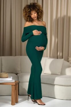 Aster | Bottle Green Bardot Long-Sleeve Maternity Maxi Dress -ENY Clothing Shop WB CL129950047 AsterBottleGreenBardotLong SleeveMaternityMaxiDress8