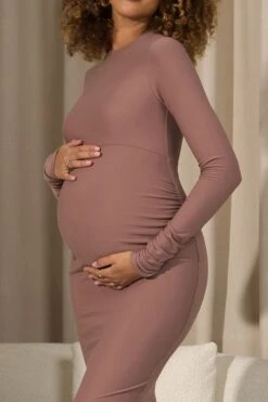Dove | Warm Taupe Bodycon Long-Sleeve Maternity Maxi Dress -ENY Clothing Shop WB CL129953122 DoveWarmTaupeBodyconLong SleeveMaternityMaxiDress1