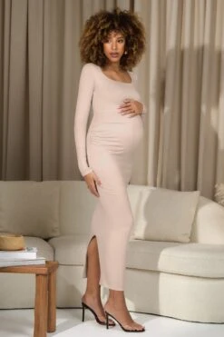 Leonora | Champagne Square-Neck Long-Sleeve Split Maternity Maxi Dress -ENY Clothing Shop WB CL129954059 LeonoraChampagneSquare NeckLong SleeveSplitMaternityMaxiDress4