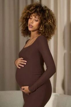 Leonora | Chocolate Brown Square-Neck Long-Sleeve Split Maternity Maxi Dress -ENY Clothing Shop WB CL129954067 LeonoraChocolateBrownSquare NeckLong SleeveSplitMaternityMaxiDress12