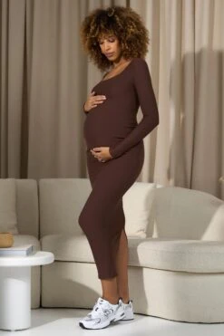 Leonora | Chocolate Brown Square-Neck Long-Sleeve Split Maternity Maxi Dress -ENY Clothing Shop WB CL129954067 LeonoraChocolateBrownSquare NeckLong SleeveSplitMaternityMaxiDress2