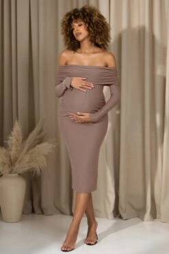 Marley | Mocha Bodycon Bardot Maternity Midi Dress -ENY Clothing Shop WB CL129956038 MarleyMochaBodyconBardotMaternityMidiDress3