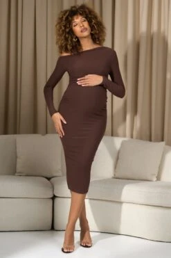 Nayana | Chocolate Brown Asymmetric Long-Sleeve Maternity Midi Dress -ENY Clothing Shop WB CL129959067 NayanaChocolateBrownAsymmetricLong SleeveMaternityMidiDress0