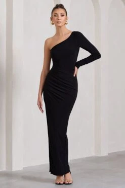 Mallory | Black Asymmetric Split Maxi Dress -ENY Clothing Shop WB CL130001002 MalloryBlackAsymmetricSplitWrapMaxiDress2