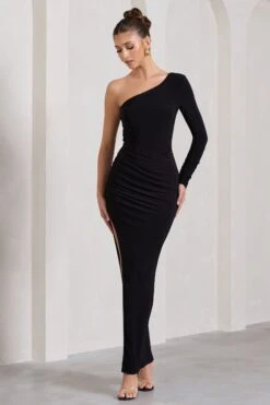 Mallory | Black Asymmetric Split Maxi Dress -ENY Clothing Shop WB CL130001002 MalloryBlackAsymmetricSplitWrapMaxiDress3