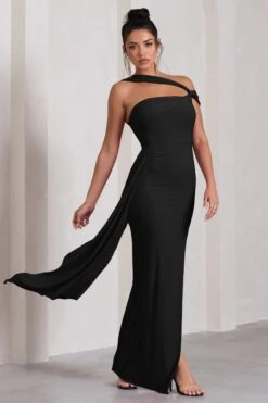 To The Max | Black Strappy Asymmetric Split Maxi Dress With Drape -ENY Clothing Shop WB CL130002002 ToTheMaxBlackStrappyAsymmetricSplitMaxiDressWithDrape4