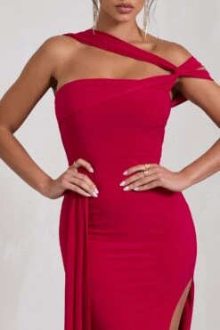 To The Max | Red Strappy Asymmetric Split Maxi Dress With Drape -ENY Clothing Shop WB CL130002004 ToTheMaxRedStrappyAsymmetricSplitMaxiDressWithDrape6