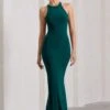 Brianna | Bottle Green Sleeveless Halter-Neck Open-Back Maxi Dress -ENY Clothing Shop WB CL130003047 BriannaBottleGreenSleevelessHalter NeckOpen BackMaxiDress0