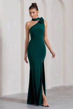 In Suspense | Bottle Green Asymmetric Halter-Neck Split Maxi Dress With Flower -ENY Clothing Shop WB CL130006047 InSuspenseBottleGreenAsymmetricHalter NeckSplitMaxiDressWithFlower1