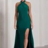 Intertwined | Bottle Green Halter-Neck Open-Back Split Maxi Dress With Scarf Detail -ENY Clothing Shop WB CL130008047 IntertwinedBottleGreenHalter NeckOpen BackSplitMaxiDressWithScarfDetail2