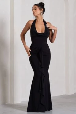 Kaia | Black Ruched Cowl-Neck Maxi Dress With Drape -ENY Clothing Shop WB CL130009002 KaiaBlackRuchedCowl NeckMaxiDressWithDrape1