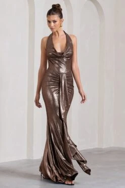 Kaia | Bronze Metallic Ruched Cowl-Neck Maxi Dress With Drape -ENY Clothing Shop WB CL130010021 KaiaBronzeMetallicRuchedCowl NeckMaxiDressWithDrape2