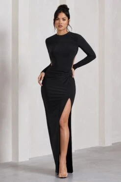 Miley | Black Long-Sleeve Open-Back Wrap Maxi Dress -ENY Clothing Shop WB CL130011002 MileyBlackLong SleeveOpen BackWrapMaxiDress2
