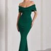 Dana | Bottle Green Bardot Maxi Dress With Short Gathered Sleeves -ENY Clothing Shop WB CL13001504 DanaBottleGreenBardotMaxiDressWithShortGatheredSleeves0