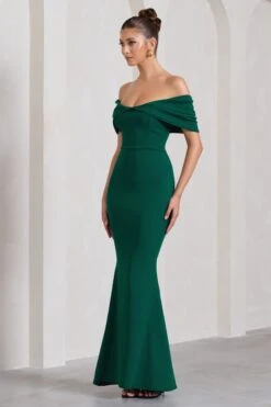 Dana | Bottle Green Bardot Maxi Dress With Short Gathered Sleeves -ENY Clothing Shop WB CL13001504 DanaBottleGreenBardotMaxiDressWithShortGatheredSleeves3