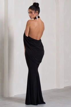 Revelation | Black Crossed Halter-Neck Fishtail Maxi Dress With Cape -ENY Clothing Shop WB CL130017002 RevelationBlackCrossedHalter NeckFishtailMaxiDressWithCape9