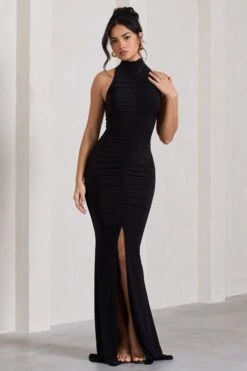 Memorable | Black Ruched High-Neck Split Fishtail Maxi Dress -ENY Clothing Shop WB CL130019002 MemorableBlackRuchedHigh NeckSplitFishtailMaxiDress2