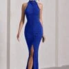 Memorable | Cobalt Blue Ruched High-Neck Split Fishtail Maxi Dress 1 Memorable | Cobalt Blue Ruched High-Neck Split Fishtail Maxi Dress -ENY Clothing Shop WB CL130019047 MemorableCobaltBlueRuchedHigh NeckSplitFishtailMaxiDress2
