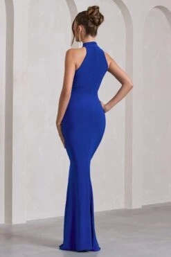 Memorable | Cobalt Blue Ruched High-Neck Split Fishtail Maxi Dress -ENY Clothing Shop WB CL130019047 MemorableCobaltBlueRuchedHigh NeckSplitFishtailMaxiDress8