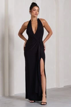 Tabloid Talk | Black Plunge Halter-Neck Maxi Dress With Twisted Drape -ENY Clothing Shop WB CL130023002 TabloidTalkBlackPlungeHalter NeckMaxiDressWithTwistedDrape1