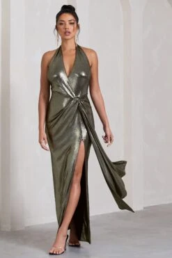 Tabloid Talk | Gold Metallic Plunge Halter-Neck Maxi Dress With Twisted Drape -ENY Clothing Shop WB CL130024007 TabloidTalkGoldMetallicPlungeHalter NeckMaxiDressWithTwistedDrape3