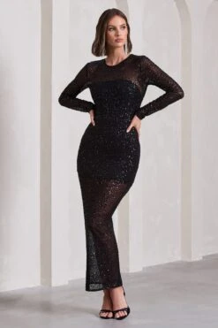 Elenora | Black Sheer Embellished Bodycon Long-Sleeve Maxi Dress -ENY Clothing Shop WB CL130034002 ElenoraBlackSheerEmbellishedBodyconLong SleeveMaxiDress0